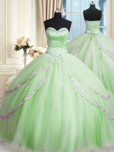 Sophisticated Apple Green Lace Up Quinceanera Dress Beading and Appliques Sleeveless With Train Court Train