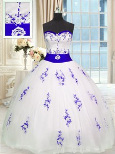 Floor Length White Ball Gown Prom Dress Tulle Sleeveless Embroidery and Belt