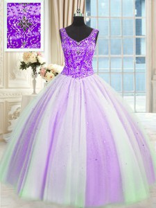 White And Purple Vestidos de Quinceanera Military Ball and Sweet 16 and Quinceanera and For with Beading and Sequins V-neck Sleeveless Lace Up