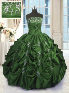 Green Ball Gown Prom Dress Military Ball and Sweet 16 and Quinceanera and For with Beading and Appliques and Embroidery and Pick Ups Strapless Sleeveless Lace Up
