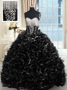 Black Sleeveless With Train Beading and Ruffles Lace Up Sweet 16 Dresses