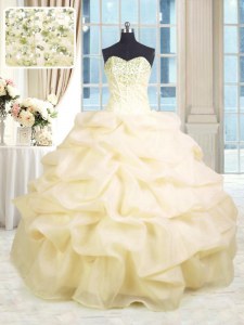 Lovely Champagne Sweetheart Neckline Beading and Ruffles Quince Ball Gowns Sleeveless Lace Up