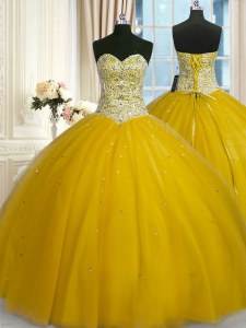 Sequins Floor Length Ball Gowns Sleeveless Gold Quince Ball Gowns Lace Up