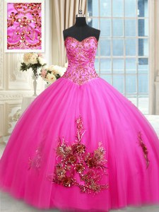 Shining Hot Pink Sleeveless Beading and Appliques and Embroidery Floor Length Quinceanera Dress