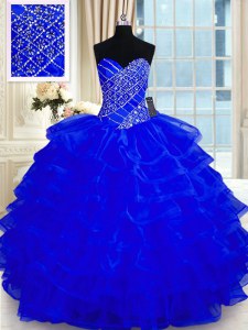 Cute Ruffled Sweetheart Sleeveless Lace Up Vestidos de Quinceanera Royal Blue Organza