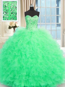 Adorable Sleeveless Floor Length Beading and Ruffles Lace Up 15th Birthday Dress with Apple Green