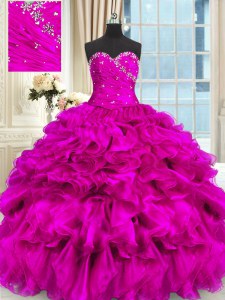 Best Fuchsia Lace Up 15th Birthday Dress Beading and Ruffles Sleeveless High Low