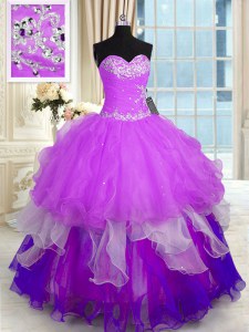Multi-color Ball Gowns Organza Sweetheart Sleeveless Beading and Ruffles Floor Length Lace Up Sweet 16 Quinceanera Dress