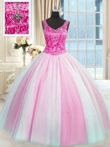 Noble Baby Pink and Pink And White Lace Up 15th Birthday Dress Beading Sleeveless Floor Length