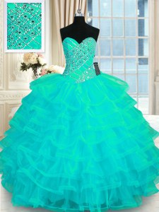 Pretty Floor Length Turquoise Sweet 16 Dress Organza Sleeveless Beading and Ruffled Layers