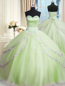 Flare Yellow Green Lace Up Sweet 16 Quinceanera Dress Beading and Appliques Sleeveless With Train Court Train