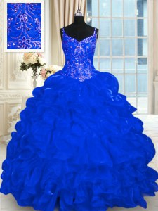 Spaghetti Straps Sleeveless Ball Gown Prom Dress Brush Train Beading and Embroidery and Ruffles and Pick Ups Royal Blue Organza