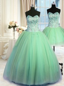 Three Piece Tulle Lace Up Sweetheart Sleeveless Floor Length Quinceanera Gowns Beading