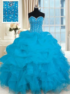 Clearance Floor Length Lace Up Quinceanera Dresses Baby Blue for Military Ball and Sweet 16 and Quinceanera with Beading and Ruffles