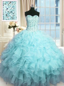 Enchanting Organza Sweetheart Sleeveless Lace Up Beading and Ruffles and Sequins Quinceanera Gowns in Baby Blue