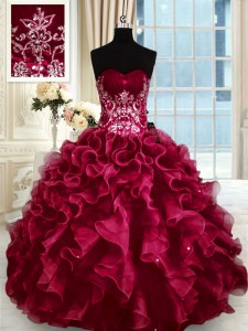 High Quality Sweetheart Sleeveless Lace Up 15 Quinceanera Dress Wine Red Organza