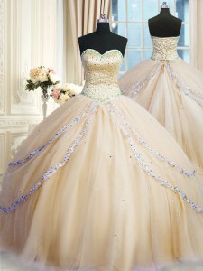 Delicate Champagne Sweetheart Lace Up Beading and Appliques 15th Birthday Dress Court Train Sleeveless