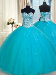 Gorgeous Aqua Blue Ball Gowns Tulle Sweetheart Sleeveless Beading and Sequins Floor Length Lace Up Vestidos de Quinceanera
