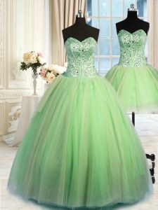 Three Piece Organza Sweetheart Sleeveless Lace Up Beading and Ruching Ball Gown Prom Dress in