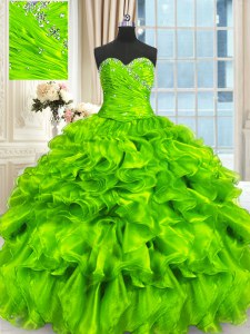 Organza Lace Up Sweetheart Sleeveless Floor Length Quinceanera Gown Beading and Ruffles and Ruching