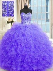Suitable Lavender Tulle Lace Up Strapless Sleeveless Floor Length Quinceanera Dress Beading and Ruffles