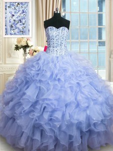Sumptuous Sleeveless Floor Length Beading and Ruffles Lace Up Quince Ball Gowns with Lavender