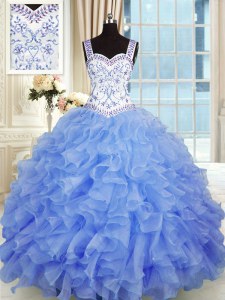 Dynamic Sleeveless Floor Length Beading and Appliques and Ruffles Lace Up 15 Quinceanera Dress with Blue