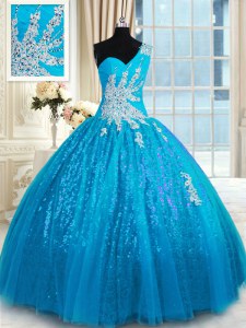 Baby Blue Lace Up One Shoulder Appliques Sweet 16 Dresses Tulle and Sequined Sleeveless