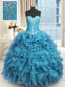 Spectacular Floor Length Lace Up Quinceanera Gown Baby Blue for Military Ball and Sweet 16 and Quinceanera with Beading and Ruffles