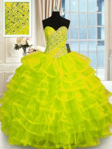 Charming Yellow Green Sweetheart Lace Up Beading and Ruffled Layers Quinceanera Dress Sleeveless
