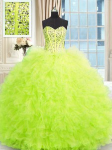 Charming Yellow Green Tulle Lace Up Vestidos de Quinceanera Sleeveless Floor Length Beading and Ruffles