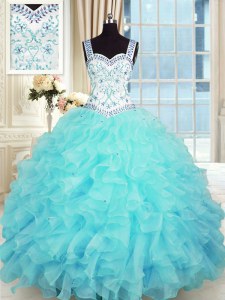 New Style Sleeveless Floor Length Beading and Appliques and Ruffles Lace Up Vestidos de Quinceanera with Aqua Blue
