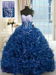 Designer Organza Sweetheart Sleeveless Brush Train Lace Up Beading and Ruffles Quinceanera Dresses in Navy Blue