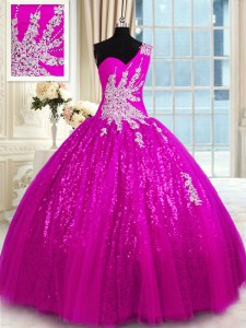 One Shoulder Sleeveless Lace Up Quince Ball Gowns Fuchsia Lace