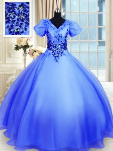 V-neck Short Sleeves 15 Quinceanera Dress Floor Length Appliques Blue Organza