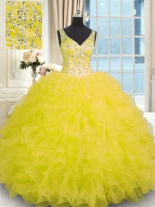 Sleeveless Floor Length Beading and Ruffles Zipper Quinceanera Gowns with Yellow