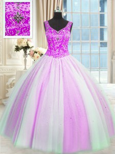 Multi-color V-neck Lace Up Beading and Sequins Quince Ball Gowns Sleeveless