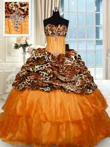 Deluxe Printed Sleeveless Beading and Ruffled Layers Lace Up 15th Birthday Dress with Orange Sweep Train
