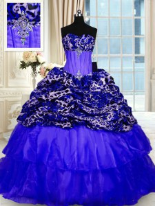 Custom Design Printed Sleeveless Beading and Ruffled Layers and Sequins Lace Up Quinceanera Dress with Royal Blue Sweep Train