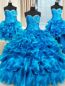 Delicate Four Piece Floor Length Blue Sweet 16 Quinceanera Dress Sweetheart Sleeveless Lace Up