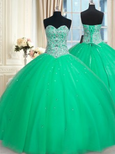 Charming Sleeveless Floor Length Beading and Sequins Lace Up 15 Quinceanera Dress with Green