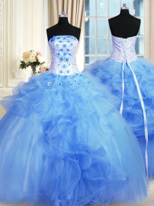 Pick Ups Floor Length Ball Gowns Sleeveless Blue Quinceanera Dresses Lace Up