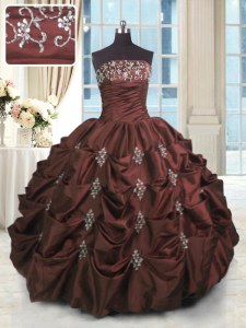 Ideal Sleeveless Taffeta Floor Length Lace Up Sweet 16 Dress in Burgundy with Beading and Appliques and Embroidery and Pick Ups