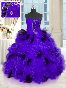 Sophisticated Sleeveless Floor Length Beading and Ruffles Lace Up 15 Quinceanera Dress with Black And Purple