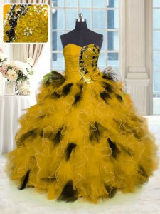 Gold Ball Gowns Strapless Sleeveless Tulle Floor Length Lace Up Beading and Ruffles Ball Gown Prom Dress