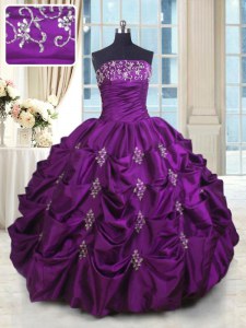 Customized Sleeveless Taffeta Floor Length Lace Up Sweet 16 Dresses in Eggplant Purple with Beading and Appliques and Embroidery and Pick Ups