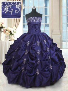 Dark Purple Quinceanera Dress Military Ball and Sweet 16 and Quinceanera and For with Beading and Appliques and Embroidery and Pick Ups Strapless Sleeveless Lace Up
