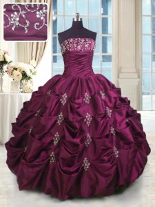 Sumptuous Sleeveless Taffeta Floor Length Lace Up Ball Gown Prom Dress in Burgundy with Beading and Appliques and Embroidery and Pick Ups
