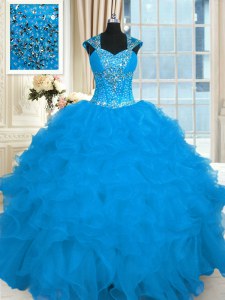 Stylish Floor Length Lace Up 15 Quinceanera Dress Aqua Blue for Military Ball and Sweet 16 and Quinceanera with Beading and Ruffles