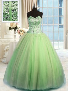 Superior Yellow Green Sleeveless Floor Length Beading and Ruching Lace Up Sweet 16 Dress